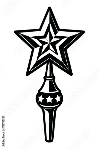 Elegant Black and White Vintage Christmas Tree Topper Star Illustration – An Ornate Holiday Ornament Design Featuring Intricate Star Patterns and a Decorative Finial Base Adorned with Three Smaller St