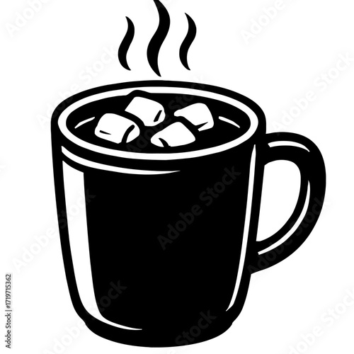 Classic steaming hot chocolate mug with floating marshmallows, a comforting winter beverage. Ideal vector icon for cozy holiday designs, warm drink illustrations, sweet treats, and seasonal graphics.