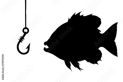 a black silhouette of a fish looking at a fishing hook