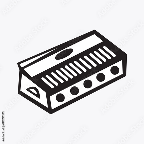 Stylized black and white drawing of a harmonica, a freereed wind instrument, isolated on white background