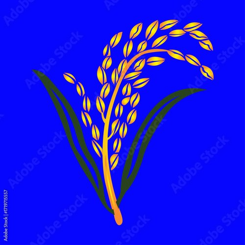 Golden rice stalk with green leaves on a vibrant blue background, representing agriculture and harvest