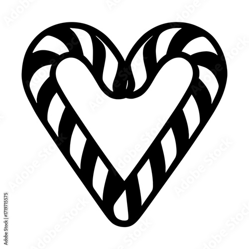 A single, black and white line-art illustration depicts a heart shape composed of two interconnected candy canes, creating a simple yet charming Valentine's Day or Christmas holiday symbol. The whimsi