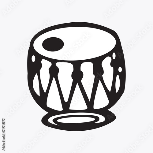 Black and white illustration of a tabla drum, a traditional indian percussion instrument, isolated on white background