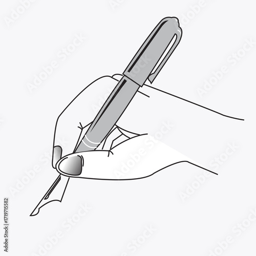 Line art of a hand holding a pen writing, isolated on white background