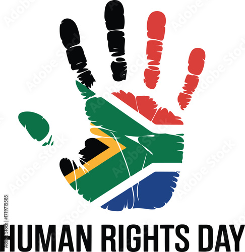 South African flag painted on open palm, symbolizing human rights and equality.