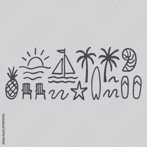 Hand Drawn Beach Icons Set - Summer Holiday Vector Collection