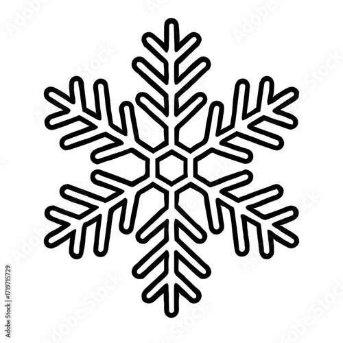 Elegant black outline snowflake icon, a classic winter symbol, ideal for holiday designs, greeting cards, festive decorations, Christmas themes, seasonal graphics, chilly weather imagery, digital art,