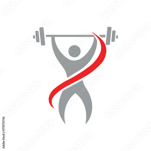 weightlifter with barbell and dynamic red ribbon logo. fitness, gym, strength vector design