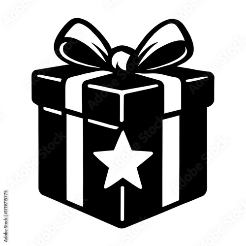 Classic black and white gift box vector icon, adorned with a prominent star emblem and a neat bow. Ideal for holidays, birthdays, promotions, and special events, symbolizing surprise, reward, joy, and