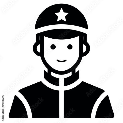 Black and White Icon Depicting a Smiling Jockey with StarAdorned Cap