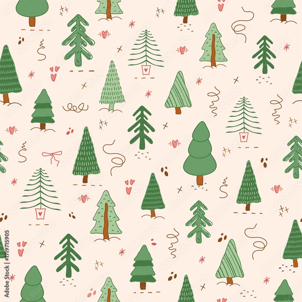 Obraz premium seamless pattern, Fir tree, stars, dots, snow, line drawing, pink design, elements are isolated on white background. Simple conceptfor winter season cards, for party banner, print. art illustration