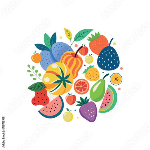 A colorful flat vector illustration of various fruits arranged in a circle. Include bananas, strawberries, watermelon, apple, pear, pineapple, and grapes. Use a playful and cartoonish style 
