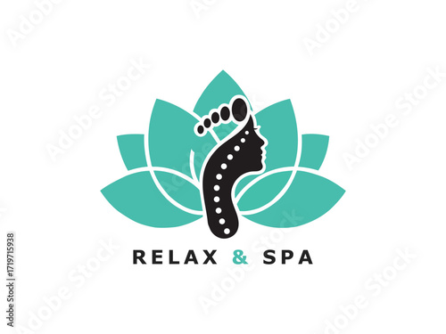 spa and wellness logo with lotus, spine, and foot. vector for massage and chiropractic care.

