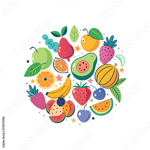 A colorful flat vector illustration of various fruits arranged in a circle. Include bananas, strawberries, watermelon, apple, pear, pineapple, and grapes. Use a playful and cartoonish style 