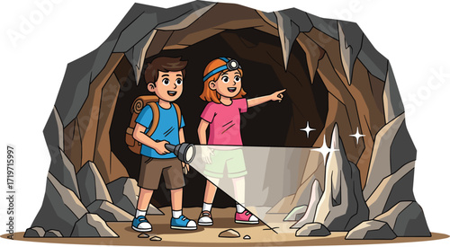 Cartoon kids exploring dark cave, adventure illustration, children hiking, flashlight discovery, treasure hunt, underground exploration, fun camping trip, mountain cave adventure