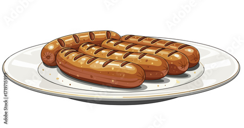 Premium German Food – Grilled Bratwurst Sausages on Elegant Plate, Traditional Bavarian Cuisine Vector Illustration