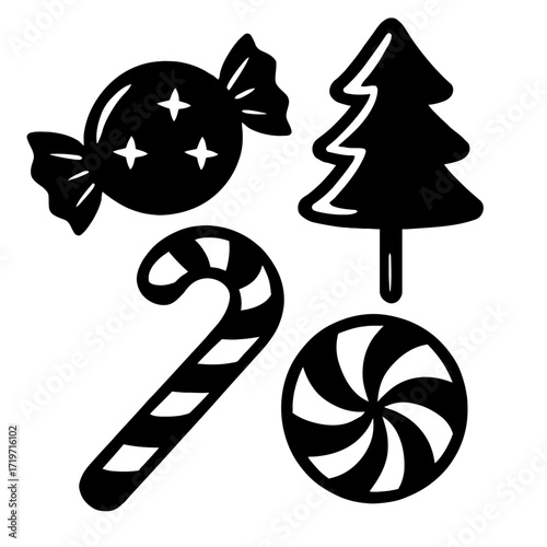 Delightful collection of black silhouette icons: a twinkling wrapped candy, a traditional striped candy cane, a festive Christmas tree, and a whimsical swirl lollipop, perfect for holiday and sweet-th