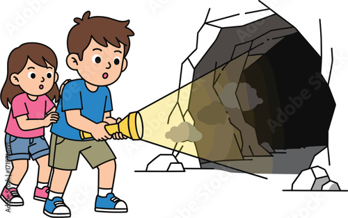 Cartoon kids exploring dark cave, children adventure illustration, boy with flashlight, girl following, underground exploration, cartoon drawing, fun discovery, mystery cave