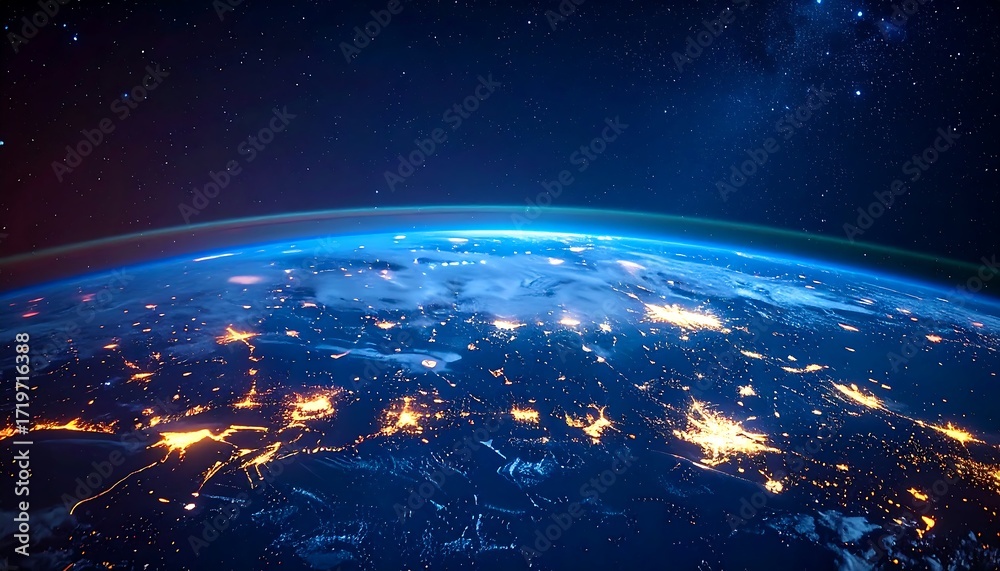 Fototapeta premium A stunning shot of Earth from space, showcasing the illuminated continents and vibrant night lights. Deep blues and glowing hues dominate the image