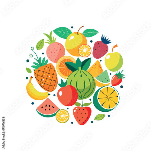 A colorful flat vector illustration of various fruits arranged in a circle. Include bananas, strawberries, watermelon, apple, pear, pineapple, and grapes. Use a playful and cartoonish style 