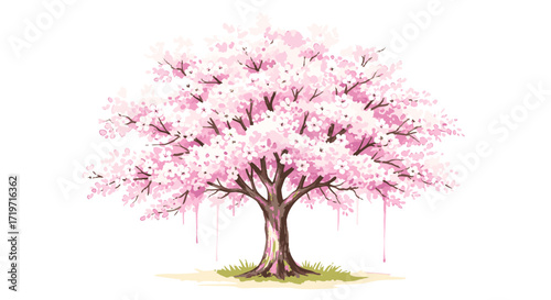 A blossoming tree with pink flowers stands alone in a serene landscape, viewed from the front, as referenced in 1652.eps