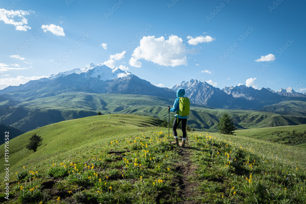 Obraz premium Backpacking woman hiking on flowering grassland mountain top
