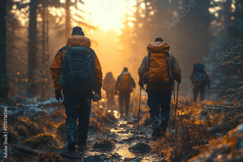 people walking in the woods at sunset.