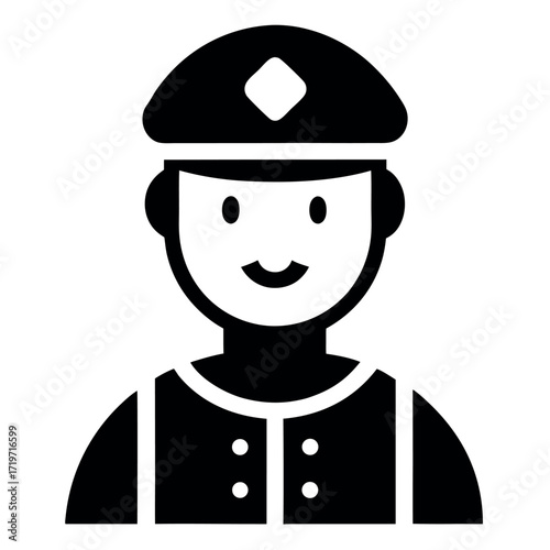 Black and White Illustration of a Smiling Police Officer Wearing a Cap