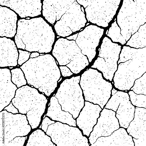 Seamless black and white grunge texture featuring an intricate network of deep, irregular cracks across a speckle-dotted weathered surface, evoking a distressed, fractured, or shattered effect, perfec
