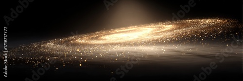 A spiral galaxy, filled with glittering golden dust, swirls against a dark cosmic backdrop.