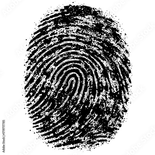 Distressed black and white fingerprint graphic, embodying unique human identity, robust biometric security, digital authentication, forensic evidence, and advanced access control technology for privac