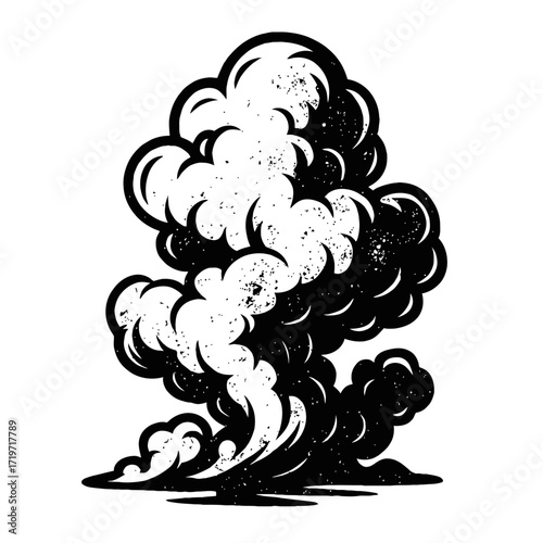 Dynamic and intense black and white explosion smoke cloud illustration featuring a detailed distressed grunge texture and thick outlines, perfect for comic book effects, impactful graphic design, and
