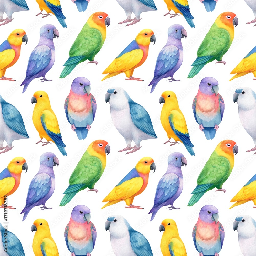 Obraz premium Colorful Pattern of Various Birds Illustrated, endless seamless texture rapport element