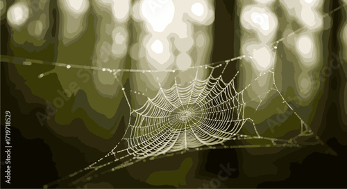 A spider web adorned with dew drops glistens in the morning forest light