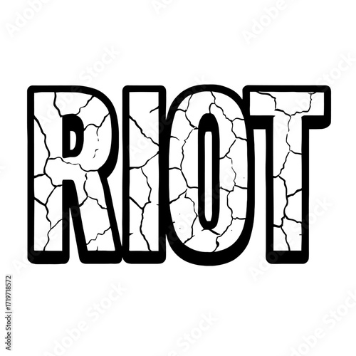 Dynamic 'RIOT' text graphic in a striking, distressed, cracked, and shattered black and white font style, perfect for edgy designs, protest themes, punk aesthetics, and bold statements requiring a pow