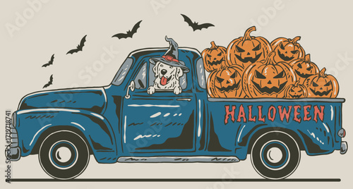 A vintage Halloween design featuring a retro truck filled with pumpkins and a golden retriever dog wearing a witch hat.