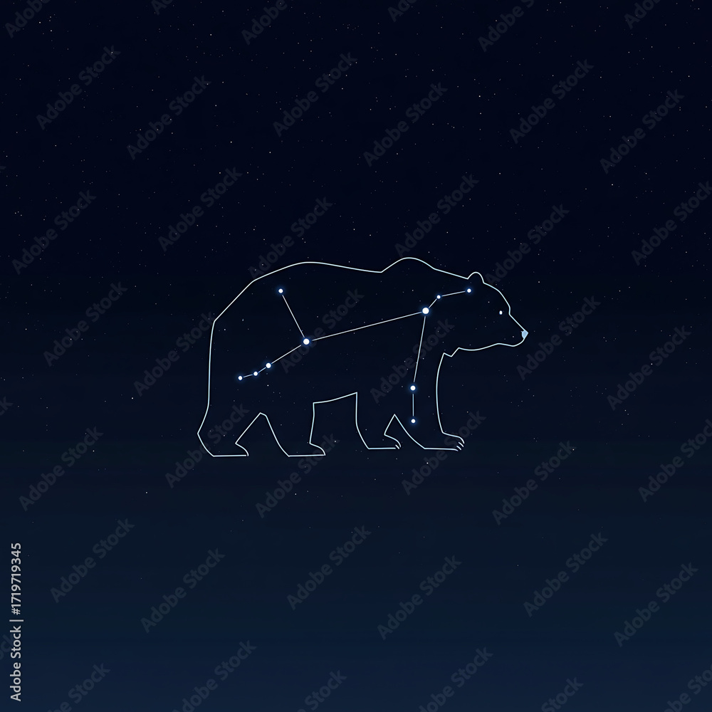 Fototapeta premium Constellation Ursa Major depicted as a bear outline with connecting lines against a dark blue starry background.