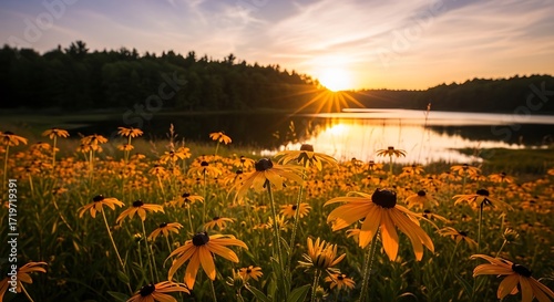 Fototapeta Naklejka Na Ścianę i Meble -  Golden Hour Bloom: A Symphony of Black-Eyed Susans Embracing the Serene Waterscape at Twilight