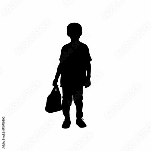 Silhouette of a boy carrying a bag of medicines for his parents isolated on white background