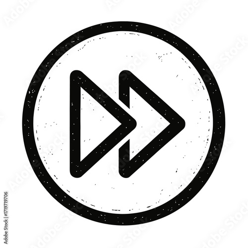 Distressed Grunge Fast Forward Icon with Rough Texture and Imperfect Black Outline Circle - SEO-Optimized Media Player Skip Next Track Button Symbol for UI/UX Design, Audio Video Playback, Digital Int
