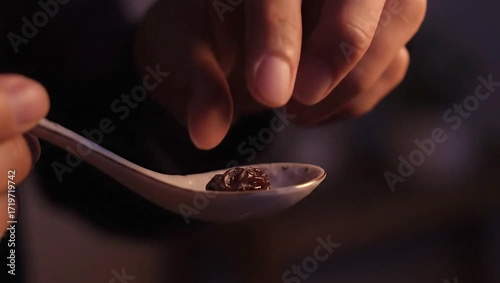 hand placing rum raisin into white ceramic spoon