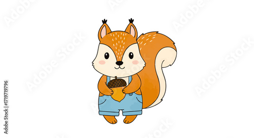 A cartoon squirrel standing upright holding a star, wearing blue overalls, in a simple white background, viewed from the front.