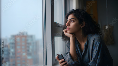 Reflecting on Thoughts: A woman, lost in contemplation, gazes thoughtfully out a window, smartphone in hand. The scene evokes a sense of serenity and introspection amidst the urban landscape. Free Download Reflecting on Thoughts: A woman, lost in contemplation, gazes thoughtfully out a window, smartphone in hand. The scene evokes a sense of serenity and introspection amidst the urban landscape. - GFXLoad
