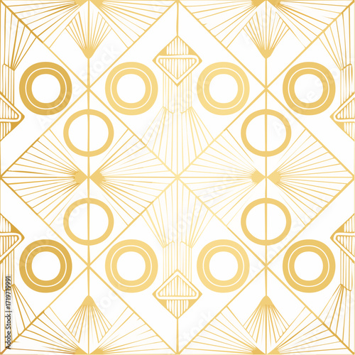 Luxury seamless Art Deco pattern with golden geometric fans and circles, an elegant vintage background in the 1920s Gatsby style.