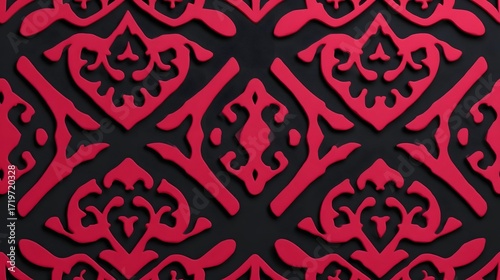Vibrant, symmetrical pattern with detailed, elegant floral and swirl motifs in shades of pink and black