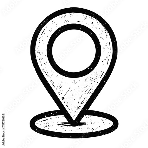 Distressed Black and White Location Pin Icon with Rough Sketchy Grunge Texture - A Unique Hand-Drawn Map Marker for Navigation, GPS, and Point of Interest Identification - Ideal for Creative Web and U