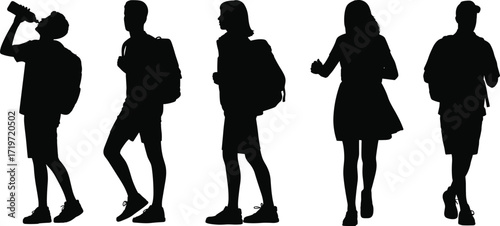 Group of silhouetted young people walking and drinking. Vector illustration for outdoor activities, travel, and adventure