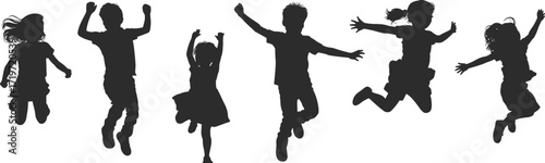 Happy children jumping, kids silhouette dancing, joyful childhood fun, active little boys and girls playing, freedom and excitement illustration - flat vector illustration