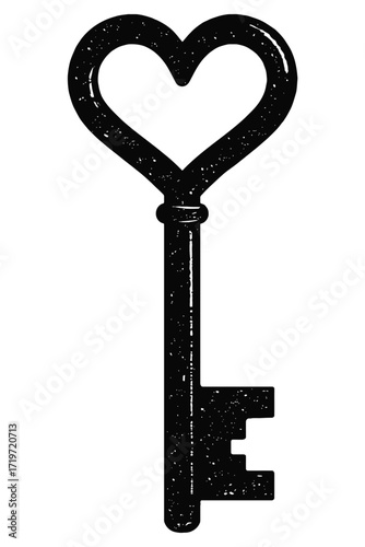Exquisite Black Heart Key Silhouette with a Vintage Distressed Texture, an Iconic Romantic Skeleton Key Symbolizing Love, Secret, and Unlocking Life's Possibilities. Ideal for Valentine's Day, Wedding