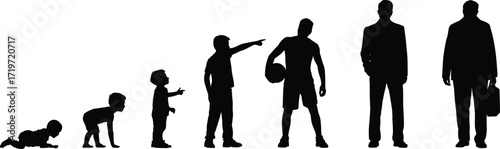 Male life stages, from crawling baby to elderly man, growth development timeline, human aging process, evolution of boy to adult